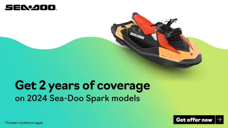 Get 2 years of coverage, and an extra $500 when purchasing two units, on 2024 Sea-Doo Spark models
